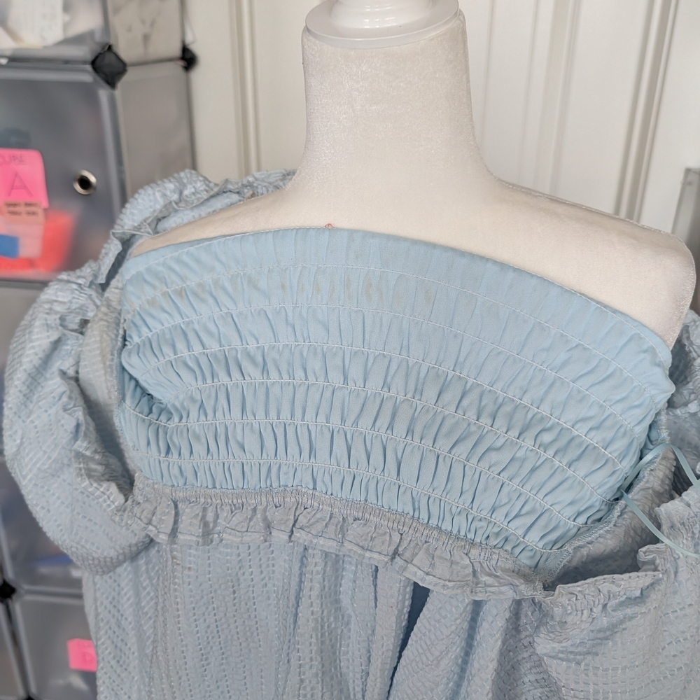 TCEC Light Blue Puff Sleeve Square Neck Smocked Mini Dress Size Medium - Picture 9 of 10
